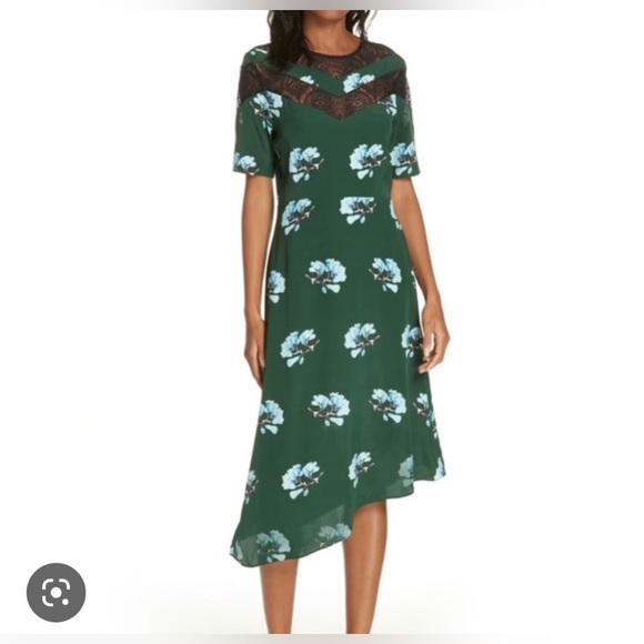 Maje Dresses & Skirts - Maje | asymmetrical | black lace neckline | floral | silk |midi dress.